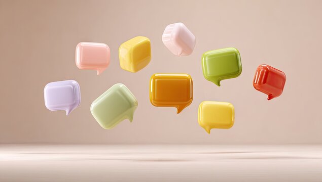 Floating, glossy, colorful speech bubbles against a neutral background