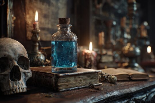 Mysterious Halloween Elixir: Alchemist's Cabinet with Ancient Tomes, Skull, and Enchanted Potion Bottle