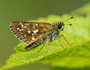 Obraz premium Detailed close-up of a speckled skipper butterfly perched delicately on a vibrant green leaf.