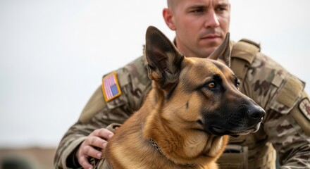 Male military service member patting a German shepherd dog. K9 police dog unit and special forces training concept.