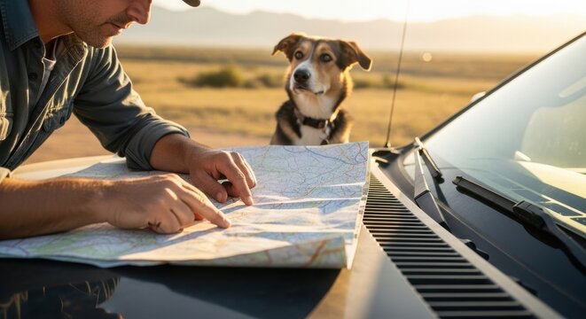 Caucasian man pointing at map on a truck hood, with dog companion. Travel planning, road trip concept, and adventure.
