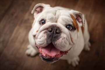 Fototapeta premium Joyful English Bull Dog Sitting Up - Adorable Pet Shot with Cute Expressions