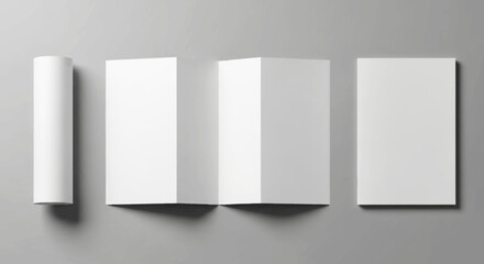 Blank paper templates showcasing different folding and rolling formats for marketing materials and creative presentations