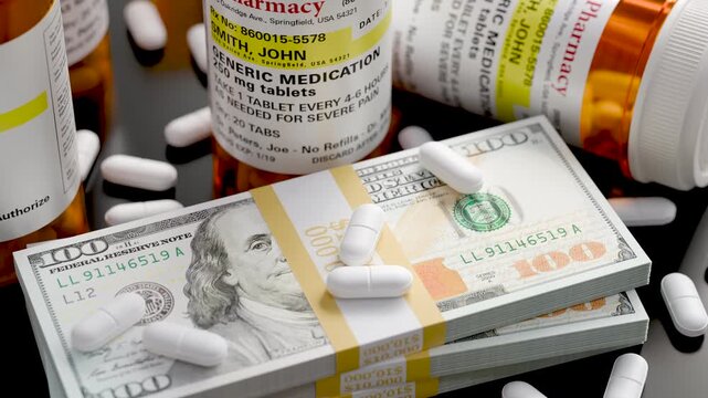 Prescription Medicine Bottles and Pills Next To Stacks of 100 Dollar Bills.