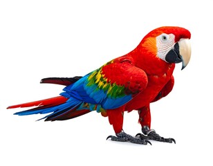 Obraz premium A vibrant scarlet macaw, showcasing a striking array of colorful plumage against a plain white backdrop.