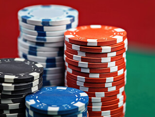 Colorful poker chips stacked and falling on green casino table, gambling concept with red blue white betting tokens for online poker game background