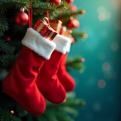hanging red christmas stockings filled with gifts, copyspace, green background