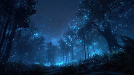 Mystical forest at night with glowing lights and atmospheric ambiance