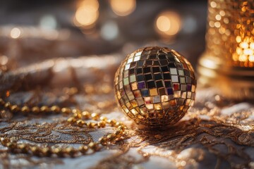 Fototapeta premium Close-Up of a Reflective Christmas Ornament for Festive Decoration with a Glimmering Bokeh Background - Space for Custom Text