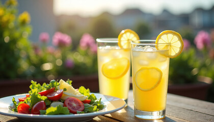 Refreshing summer drinks for a healthy lifestyle with garden salad served outdoors. Summer drinks include lemon slices and ice cubes in transparent glasses on wooden table.