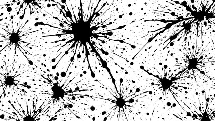Black and white ink splatters on a plain white background surface with abstract artistic stains forming random expressive texture and design