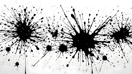 Black and white artistic photo showing abstract splats with scattered liquid shapes forming random dynamic patterns on a plain background surface