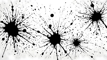 Black ink splatters scattered across a white background surface creating abstract composition with random expressive marks and textured artistic detail