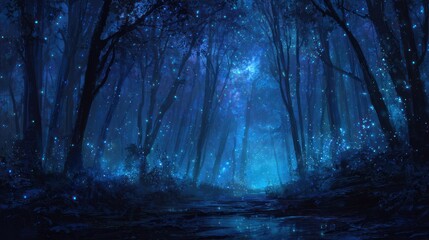Mystical forest scene silhouetted trees glowing lights night landscape