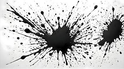 Black and white photo showing a paint splatter captured in artistic abstract form with random expressive marks creating textured composition on white surface