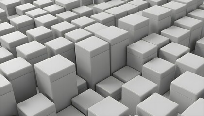 Lot of white cubes arranged in the middle of a room with geometric minimalist composition and modern abstract interior installation design