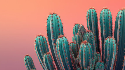 夕景背景の柱状サボテンクローズアップ群生