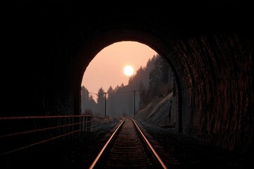 Fototapeta premium Sun Tunnels: A Railroad Perspective with Distant Light and Inviting Tracks Through Forested Landscapes