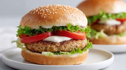 Delicious homemade chicken burger with fresh lettuce and tomato on a sesame seed bun