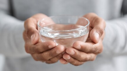 Close-up of african male hands holding a glass bowl of water against gray background