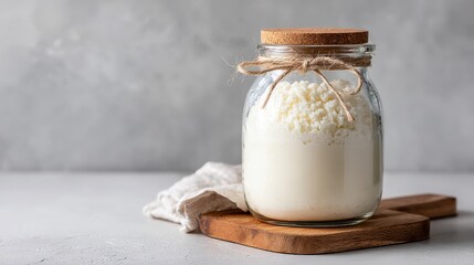 Homemade cottage cheese in a glass jar on wooden board with textured background