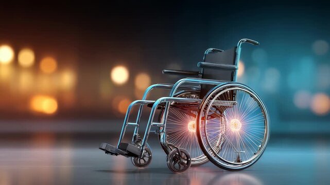 A sleek wheelchair is positioned on a reflective surface, illuminated by colorful urban lights. This image highlights themes of disability support, healthcare, and inclusive design in modern society