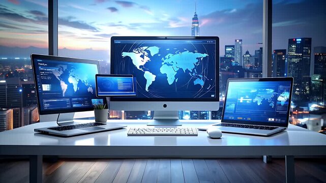 Modern White Desk with Computers Showing World Map in a High Rise Office Overlooking Cityscape at Dusk