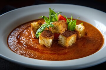 Savory Tomato Basil Soup with Crunchy Croutons Served in a Bowl &acirc;&euro;&ldquo; A Perfect Vegetarian Lunch Meal