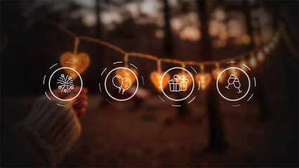 Celebration and Special Occasions Concept with Glowing Icons for Fireworks, Balloons, Gifts, and Champagne, a Digital Interface for Planning a Party, Wedding, or Anniversary over a Romantic Background