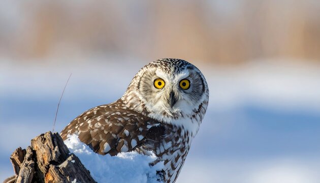 A close-up view of a snowy owl perched attentively on a weathered log, partially hidden in the snow, with a sharp focus on its expressive eyes and intricate plumage patterns. - Powered by Adobe