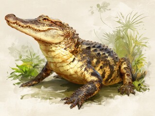 Vivid Alligator Depiction. Wild Predator in Rainforest and Savanna Habitat