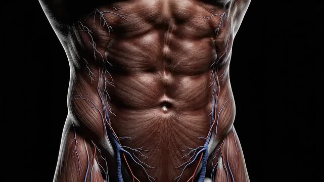 Anatomical illustration of a male torso, showcasing detailed muscle structure and vascular system.