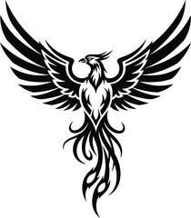 Tribal Phoenix Silhouette Vector – Symmetrical Firebird with Flame Tail for Rebirth, Tattoo, Strength, Fantasy, and Mythical Design Themes