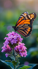 Fototapeta premium A vibrant orange butterfly with detailed black wings gently perches on a cluster of purple flowers in a sunny natural garden.