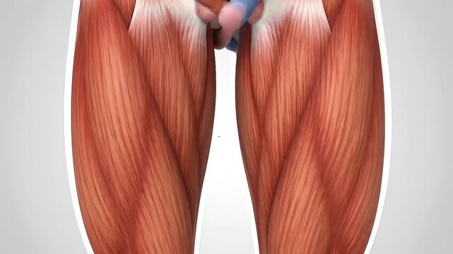 Anatomical illustration showing the anterior view of the human thigh muscles, including the quadriceps and adductors.