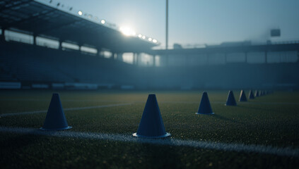 Empty stadium with players training at dawn light with stadium lights and training cones on the field