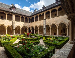 Fototapeta premium A serene cloister courtyard, filled with meticulously maintained flowerbeds and lush greenery, under a sunny sky, showcasing beautiful arched walkways and stonework.
