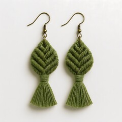 Pair of Green Macrame Tassel Earrings with Brass Hooks on White Background