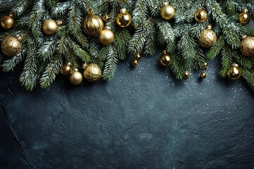 Gold Christmas ornaments and evergreen branches create a festive decoration on a dark stone surface during the holiday season