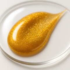 Luxurious Golden Cosmetic Swatch on Transparent Glass Laboratory Dish