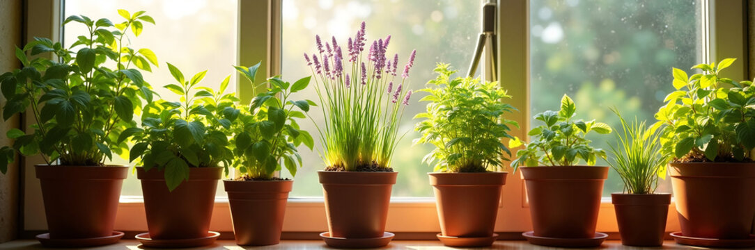Potted plants display featuring several green herbs and lavender on window sill with soft light. Potted plants include basil, thyme, and other herbs, creating refreshing indoor garden. - Powered by Adobe