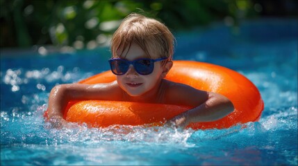 Joyful Child Enjoying Summer Splash Fun with Inflatable Pool Toy in Tropical Blue Water