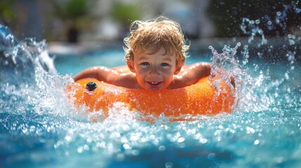 Joyful Children Playing with Inflatable Pool Toy in Tropical Summer Bliss