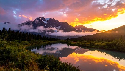 Majestic mountain sunset over a serene lake