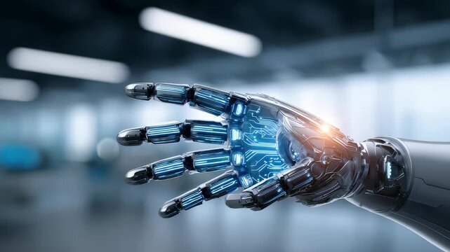 Close up of a high tech robotic hand featuring intricate electronic circuits and metallic components, symbolizing AI evolution. The background showcases a blurred, contemporary workspace
