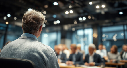Business trainer leading interactive leadership workshop with engaged audience attendees in modern conference room
