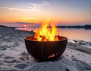 Burning fire pit on beach at sunset