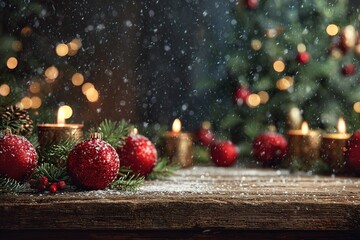 Festive decorations on wooden table with candles and Christmas tree in background during snowy winter evening