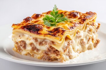 Close-Up of Baked Cheese Lasagna Slice on Plate, Showcasing Rich Layers of Minced Meat and Melted Cheese on a Bright Background