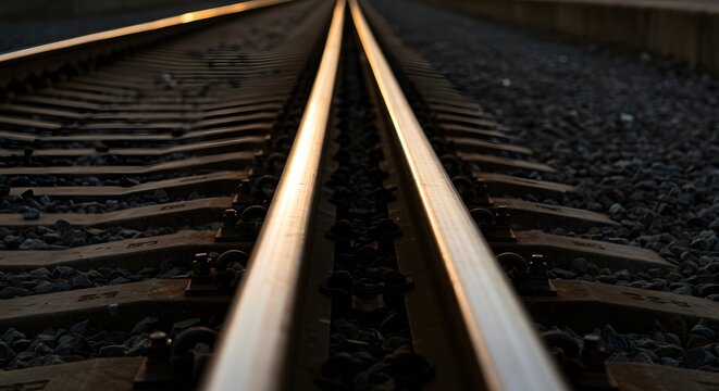 Golden Hour Light Reflecting on Parallel Train Tracks Leading to the Horizon